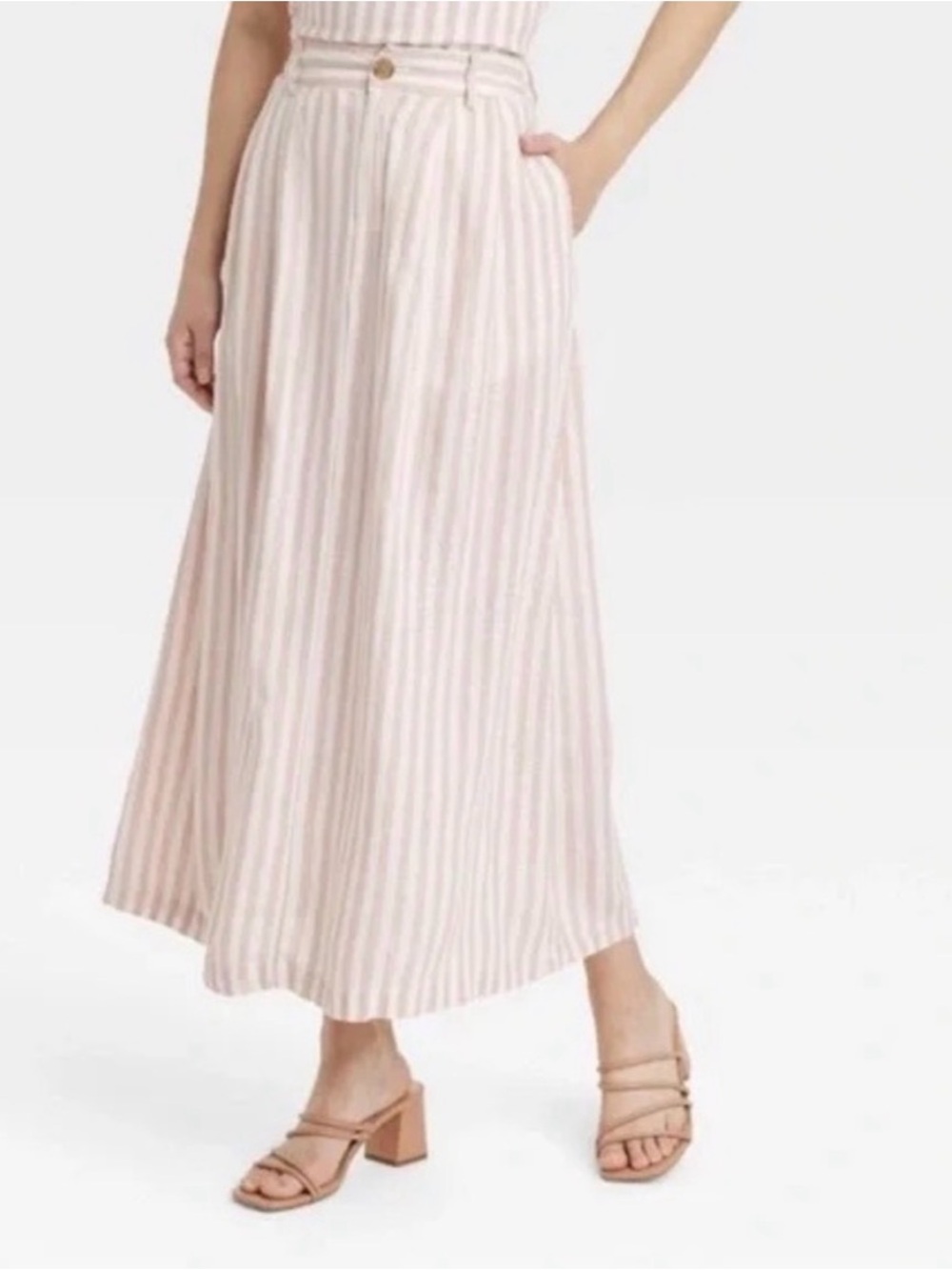 A New Day: Pink/Cream Striped Linen Maxi Skirt w/Pockets